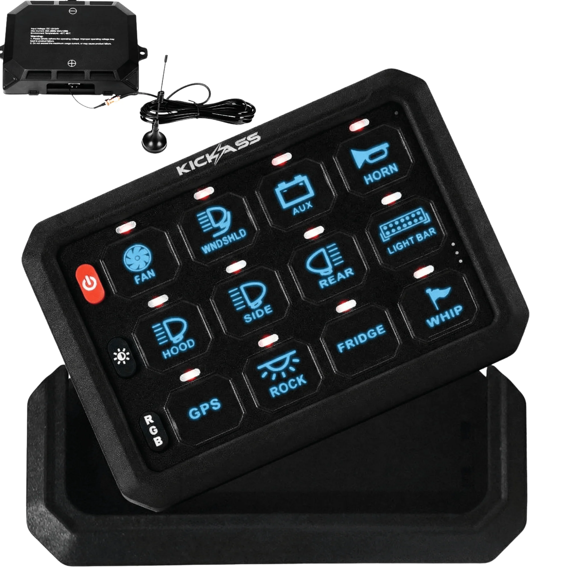 KickAss 12/24V 12 Gang Wireless Switch Panel with Magnetic Charging Cradle - MKII