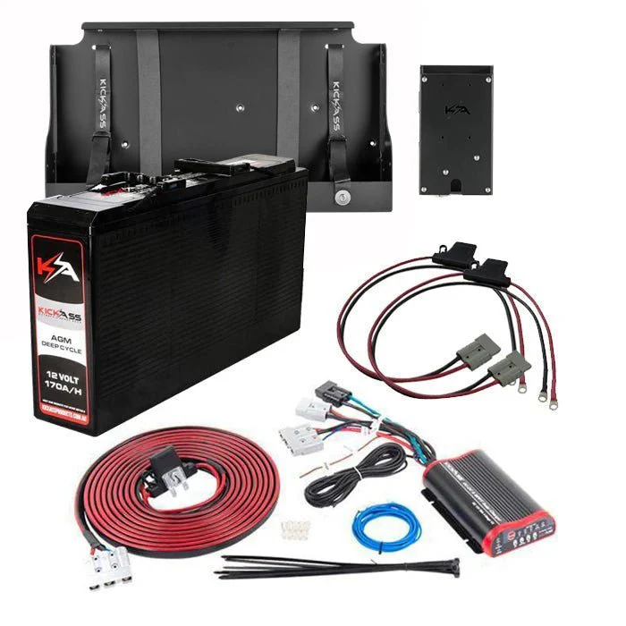 KickAss 12V 170AH AGM Battery with 25A DCDC Charger, Tray, Accessory Panel & Wiring Kit