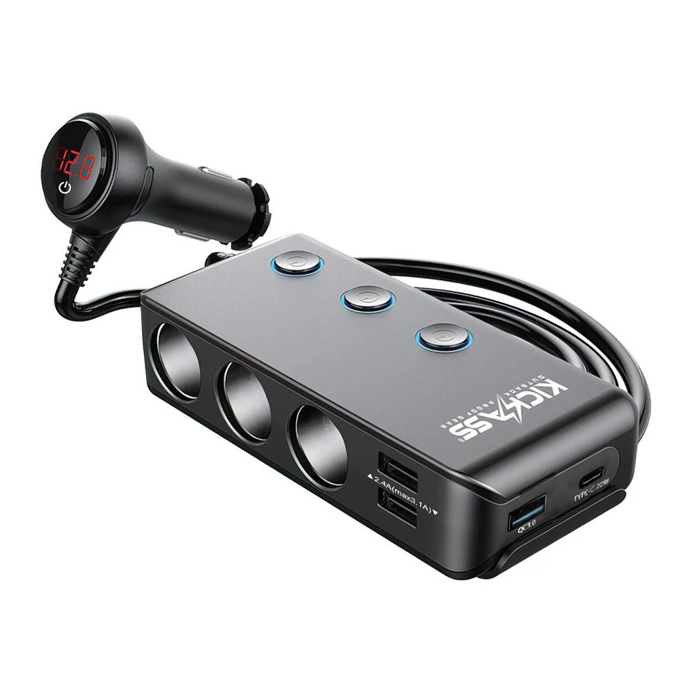 KickAss 3 Way Cigarette Socket Splitter with USB Ports