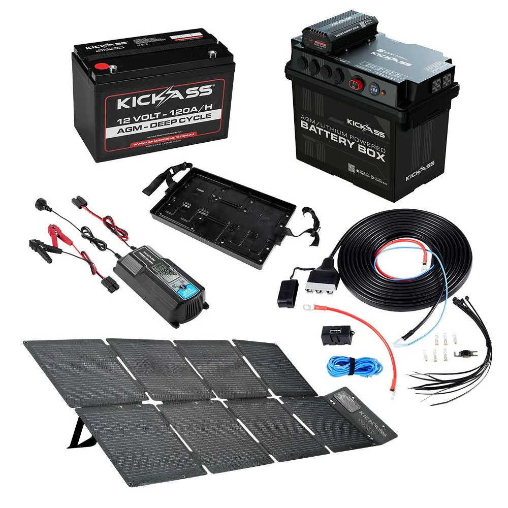 KickAss Battery Box with 25A DCDC Bundle with 120Ah AGM Battery, Wiring Kit, 22A Charger and 120W Solar Blanket
