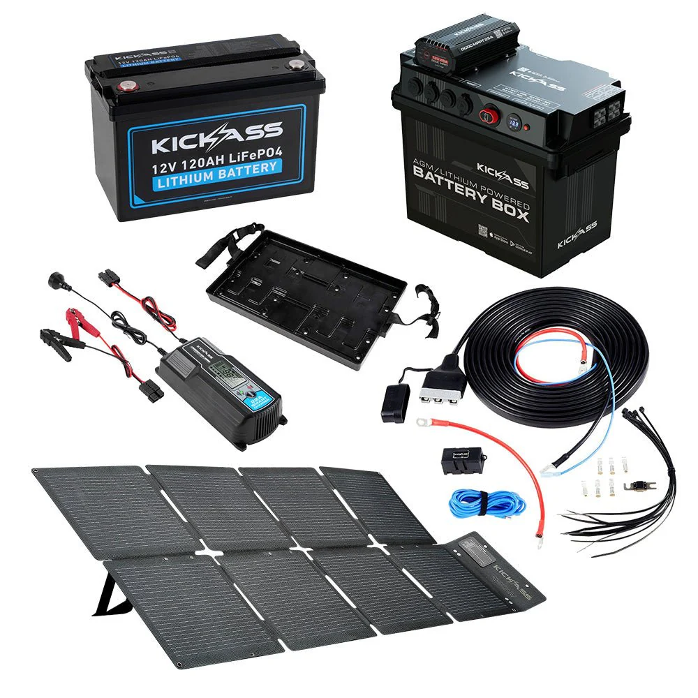 KickAss Battery Box with 25A DCDC Bundle with 120Ah Lithium Battery, Wiring Kit, 32A Charger and 120W Solar Blanket
