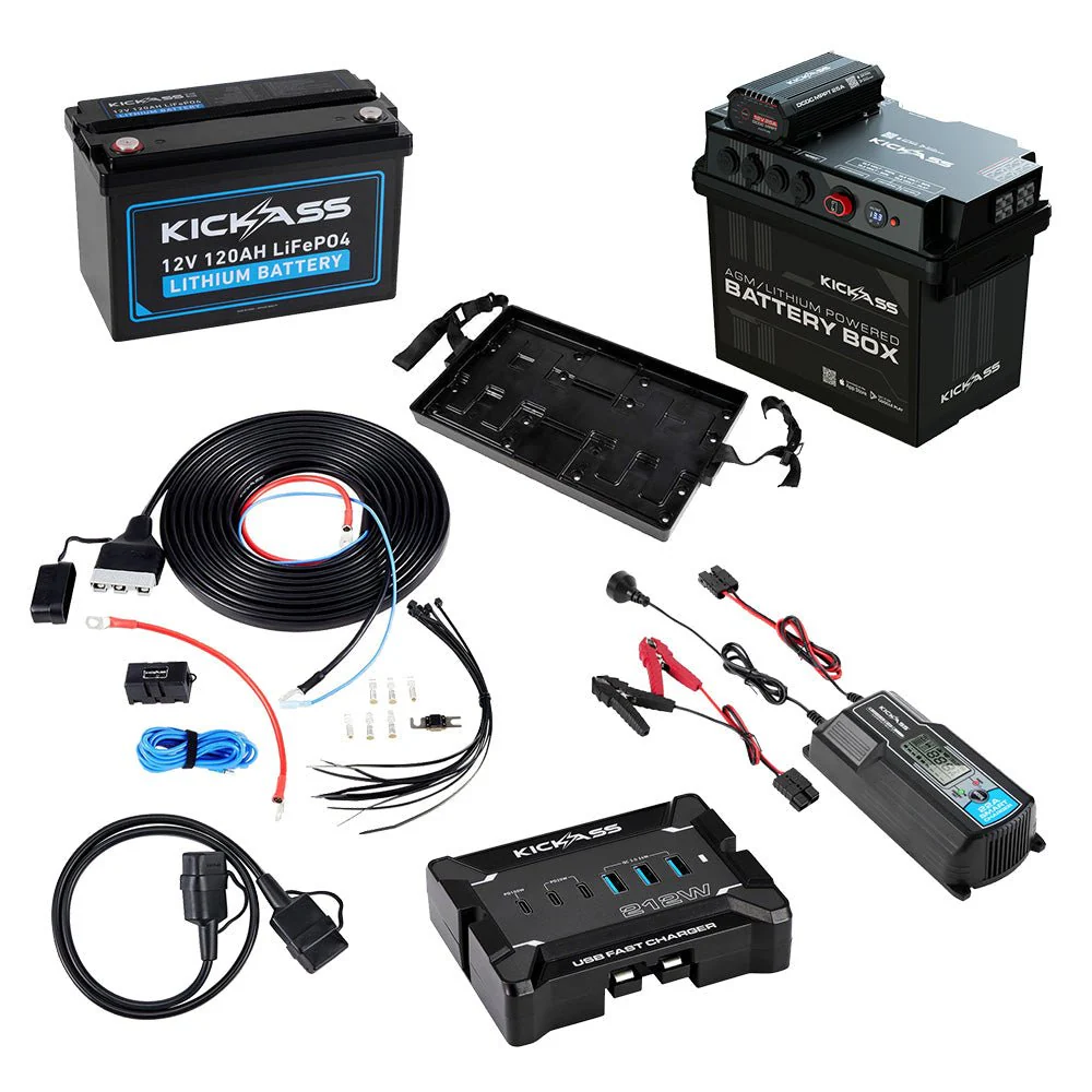 KickAss Battery Box with 25A DCDC Bundle with 120Ah Lithium Battery, Wiring Kit, 32A Charger, USB Charger and Extension Lead