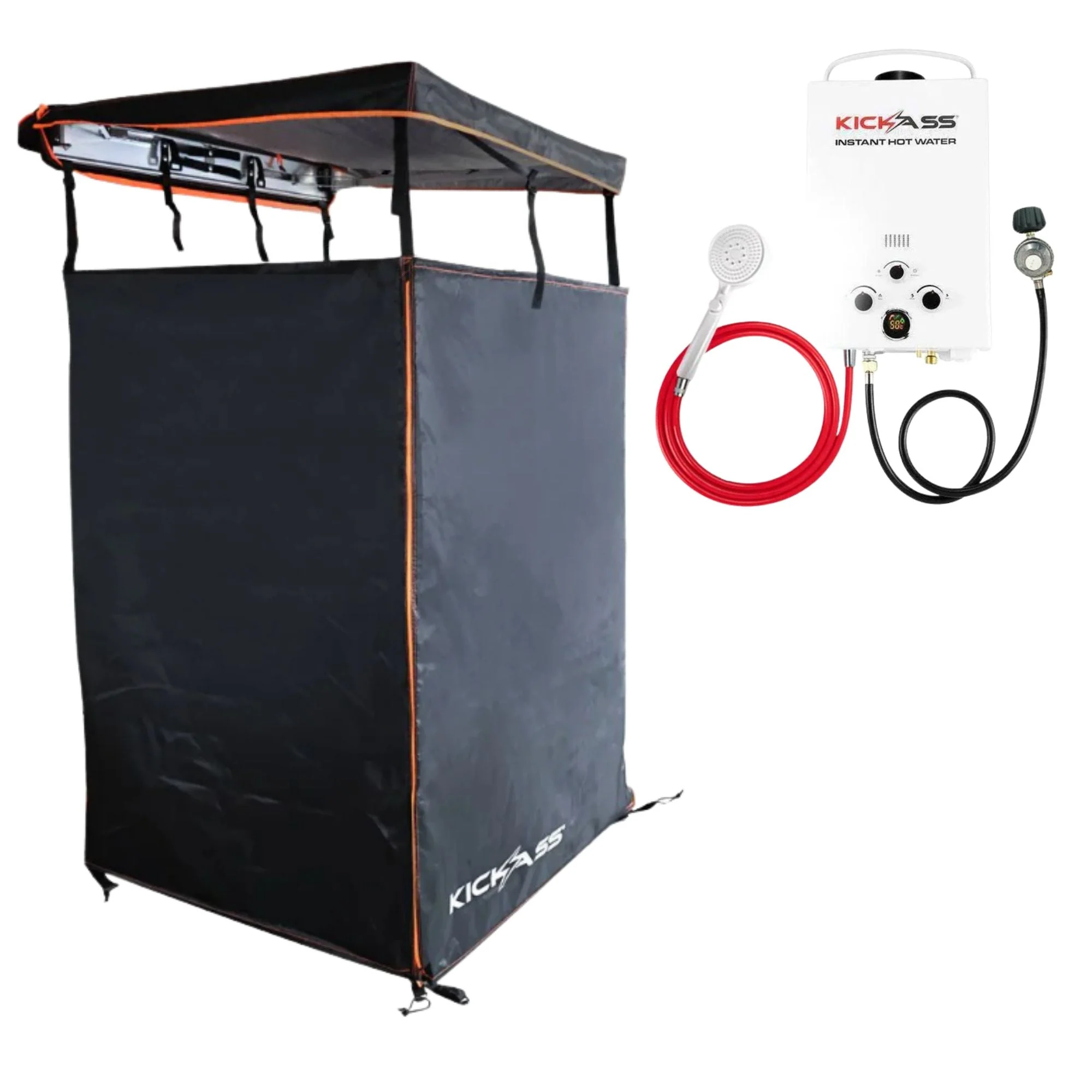 KickAss Shower Awning + Instant Hot Water System Bundle - Black & Orange