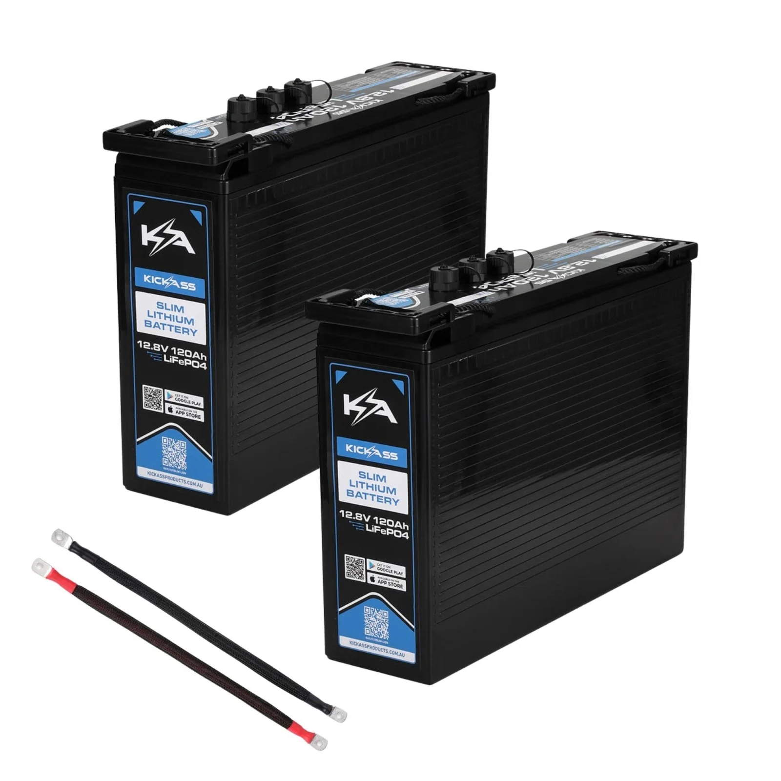 KickAss Twin Smart 12V 120Ah Lithium Slimline Battery Bundle with Linking Cables - 240Ah Total Capacity