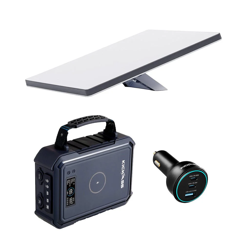 KickAss KickCharge Powerhub Portable Power Pack Bundle with Starlink Mini, and Fast Charging 100W USB-C/A Car Charger