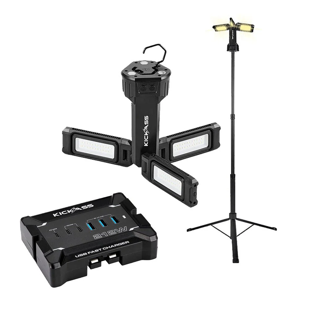 KickAss Rechargeable 1.7m Tripod Camping Light + 12V Anderson To USB Fast Charger Bundle