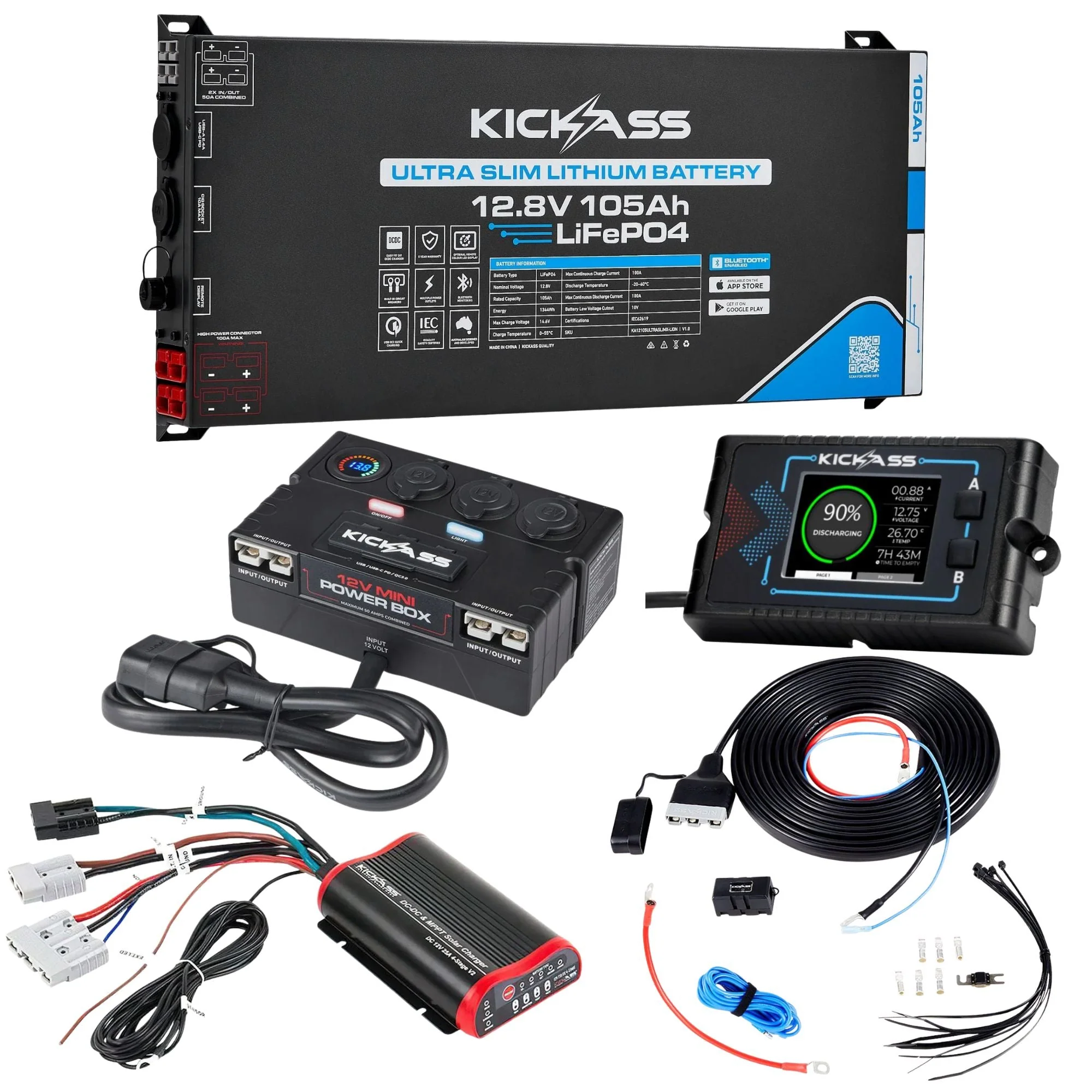 KickAss Smart 12V 105Ah Ultra Slim Lithium Battery Essentials Kit