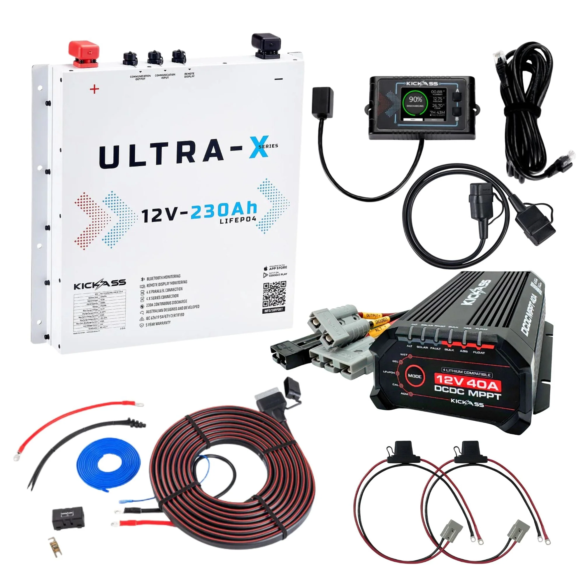 KickAss Smart 12V 230Ah Ultra-X Lithium Slimline Premium Dual Battery Kit - Arctic White with 40A DCDC Charger, Wiring